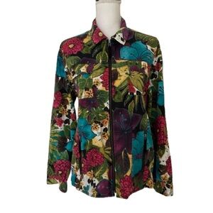 Chico’s Woman’s Denim Trucker Style Zip Jacket Black w/Printed Roses Sz 1